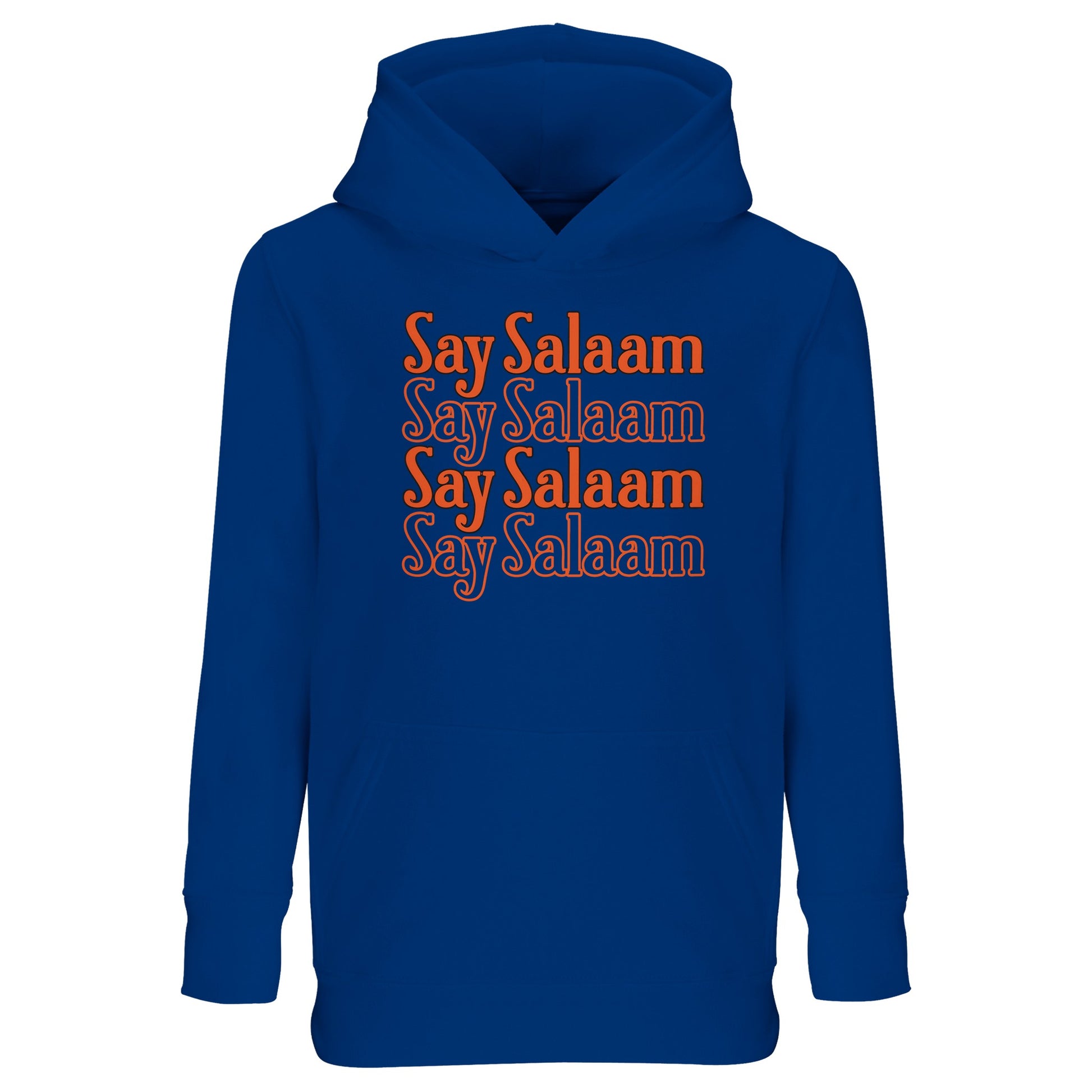 Royal Blue / Dark Midnight Blue kids hoodie with Say Salaam 4-Line repeated typographic graphic in strong orange tone. The stacked four-line layout creates structured vertical balance across the chest, delivering bold sport-inspired symmetry. Deep blue fabric intensifies the warmth of the lettering for high-contrast impact. Brushed fleece interior ensures comfort and durability, perfect for Muslim youth footballers and everyday modest streetwear rooted in positive greeting identity.