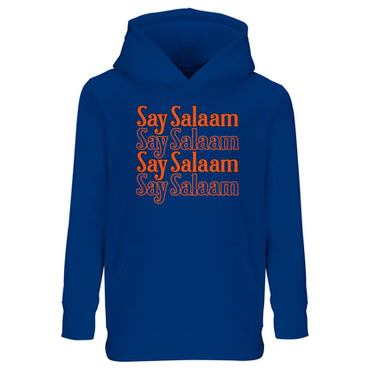Royal Blue / Dark Midnight Blue kids hoodie with Say Salaam 4-Line repeated typographic graphic in strong orange tone. The stacked four-line layout creates structured vertical balance across the chest, delivering bold sport-inspired symmetry. Deep blue fabric intensifies the warmth of the lettering for high-contrast impact. Brushed fleece interior ensures comfort and durability, perfect for Muslim youth footballers and everyday modest streetwear rooted in positive greeting identity.
