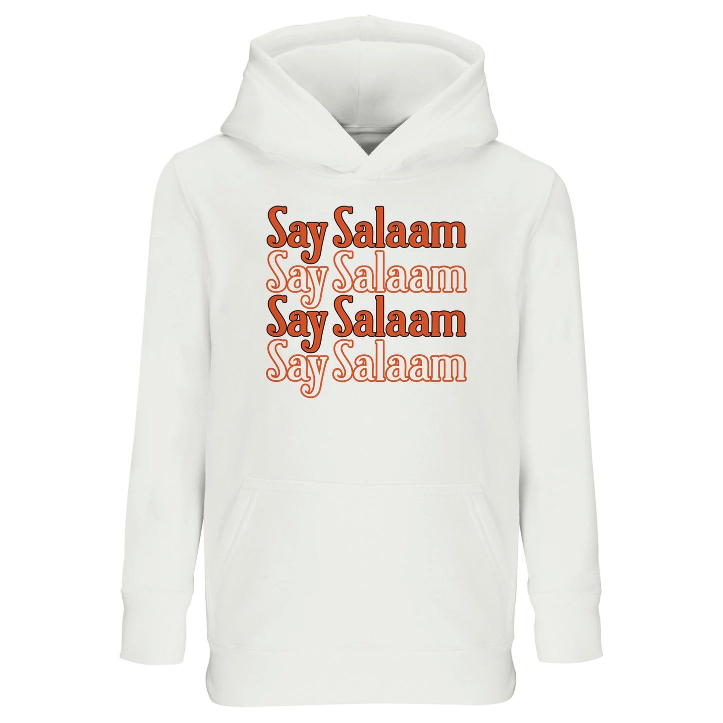 White / Platinum kids hoodie featuring the Say Salaam 4-Line stacked typographic graphic in a warm retro burnt orange tone. Four repeated Salaam lines form a clean vertical block across the chest, creating rhythm, symmetry and bold central focus. The rounded letterforms contrast softly against the crisp white base, giving a vintage, confidence. Brushed fleece interior adds comfort, making this modest, cheap Muslim streetwear hoodie good for school days, football practice, mosque visits & everyday positivity