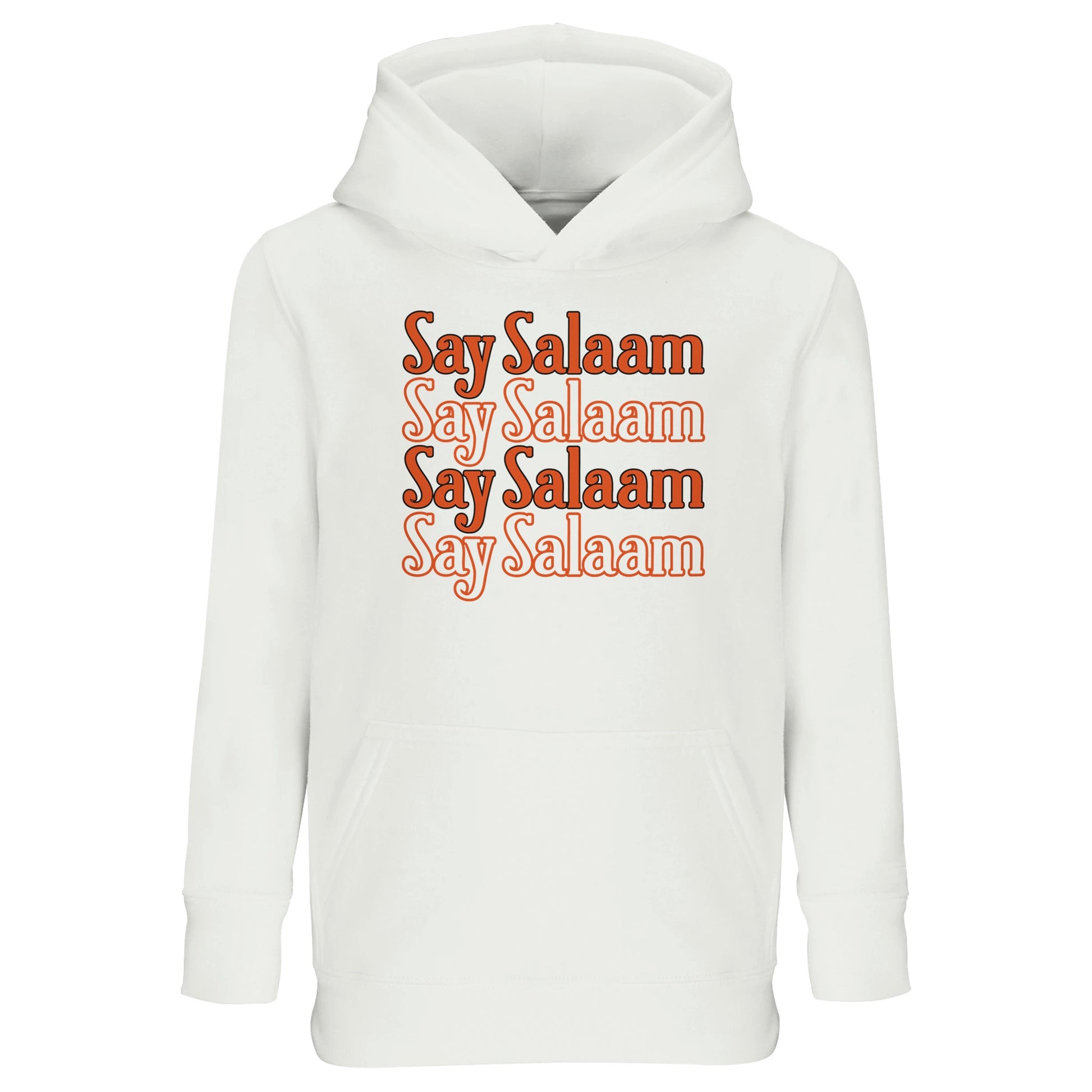 White / Platinum kids hoodie featuring the Say Salaam 4-Line stacked typographic graphic in a warm retro burnt orange tone. Four repeated Salaam lines form a clean vertical block across the chest, creating rhythm, symmetry and bold central focus. The rounded letterforms contrast softly against the crisp white base, giving a vintage, confidence. Brushed fleece interior adds comfort, making this modest, cheap Muslim streetwear hoodie good for school days, football practice, mosque visits & everyday positivity