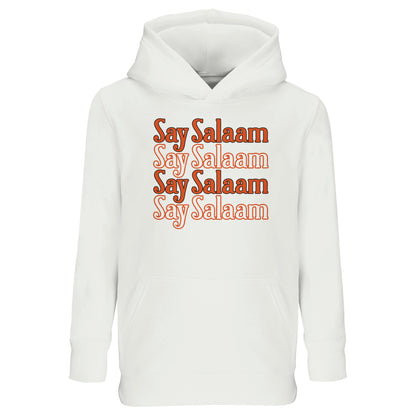 White / Platinum kids hoodie featuring the Say Salaam 4-Line stacked typographic graphic in a warm retro burnt orange tone. Four repeated Salaam lines form a clean vertical block across the chest, creating rhythm, symmetry and bold central focus. The rounded letterforms contrast softly against the crisp white base, giving a vintage, confidence. Brushed fleece interior adds comfort, making this modest, cheap Muslim streetwear hoodie good for school days, football practice, mosque visits & everyday positivity