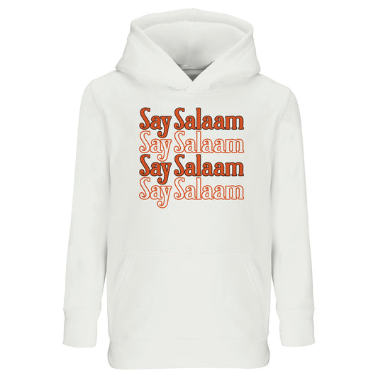White / Platinum kids hoodie featuring the Say Salaam 4-Line stacked typographic graphic in a warm retro burnt orange tone. Four repeated Salaam lines form a clean vertical block across the chest, creating rhythm, symmetry and bold central focus. The rounded letterforms contrast softly against the crisp white base, giving a vintage, confidence. Brushed fleece interior adds comfort, making this modest, cheap Muslim streetwear hoodie good for school days, football practice, mosque visits & everyday positivity