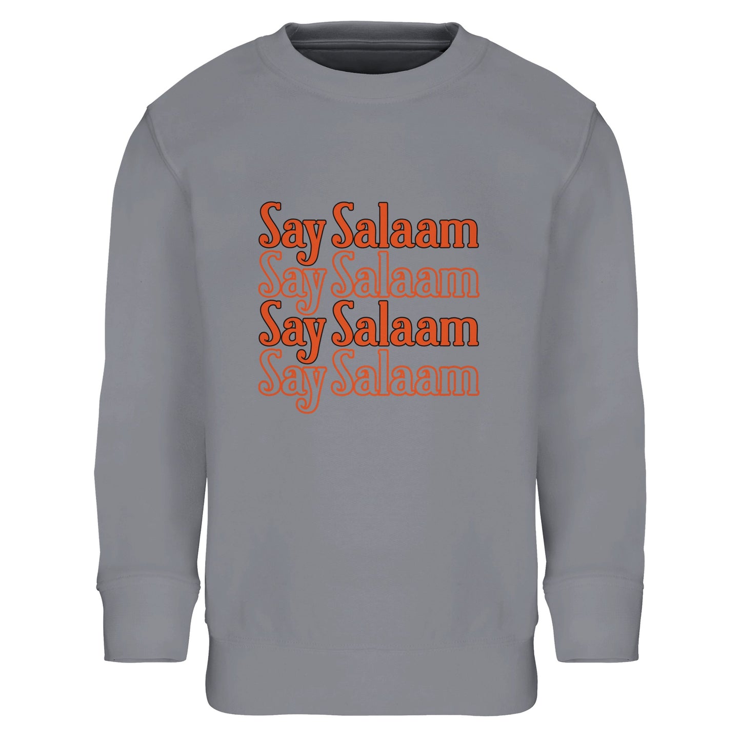 Say Salaam 4-Line Part-Recycled Cotton-Poly Kids Sweatshirt – Grey Melange / Heather Grey. Islamic youth sweatshirt featuring a structured four-line stacked “Say Salaam” graphic in burnt orange tones. The clean horizontal repetition forms a rectangular text block with a subtle retro aesthetic. Athletic grey base enhances the sporty, everyday feel while the layered typography adds depth and warmth. A simple yet bold design rooted in Muslim identity and positive messaging in a cheap, high quality jumper.