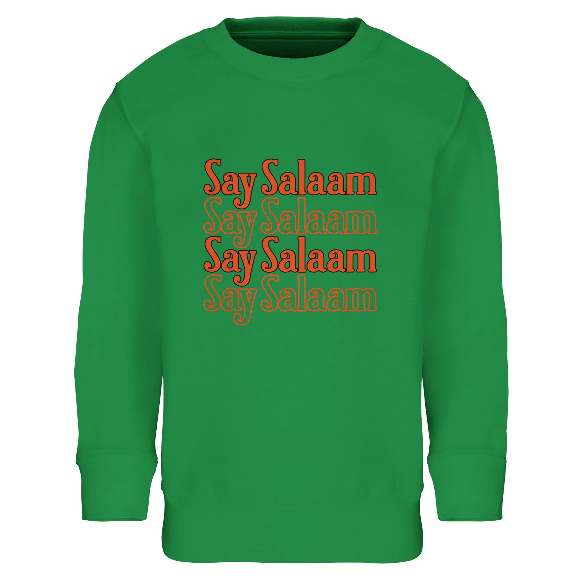 Say Salaam 4-Line Part-Recycled Cotton-Poly Kids Sweatshirt – Kelly Green / Bright Green. Islamic kids sweatshirt featuring a stacked four-line “Say Salaam” typographic graphic in warm orange shades. The evenly spaced horizontal text lines create a structured, poster-style composition. Vibrant green base amplifies the energetic tone while the repeated greeting delivers confident, positive messaging for young Muslim wearers in a cheap, high quality jumper.