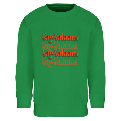 Say Salaam 4-Line Part-Recycled Cotton-Poly Kids Sweatshirt – Kelly Green / Bright Green. Islamic kids sweatshirt featuring a stacked four-line “Say Salaam” typographic graphic in warm orange shades. The evenly spaced horizontal text lines create a structured, poster-style composition. Vibrant green base amplifies the energetic tone while the repeated greeting delivers confident, positive messaging for young Muslim wearers in a cheap, high quality jumper.