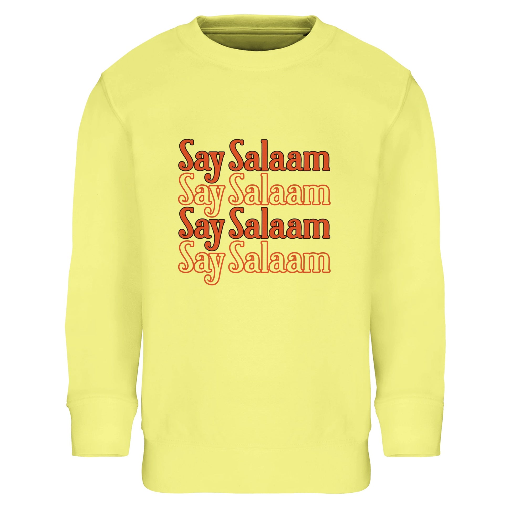 Say Salaam 4-Line Part-Recycled Cotton-Poly Kids Sweatshirt – Light Yellow / Lemon. Youth Islamic sweatshirt showcasing a four-row stacked “Say Salaam” graphic in warm orange tones. The horizontal text alignment forms a neat rectangular shape, delivering a clean, symmetrical layout. The bright yellow base enhances the cheerful, uplifting tone of the repeated greeting, creating a sunny, positive aesthetic inspired by playful typography and bold youth streetwear styling in a cheap, high quality jumper.
