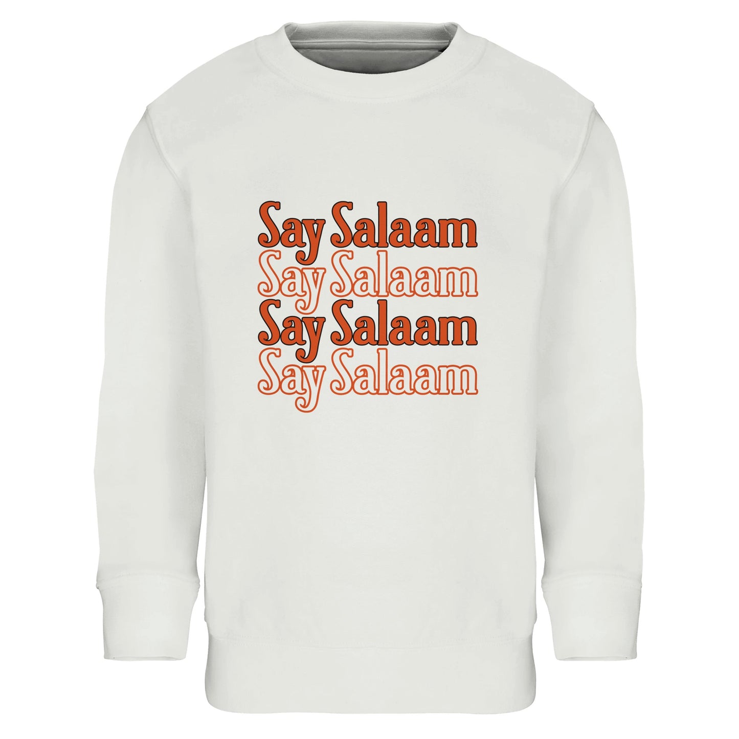 Say Salaam 4-Line Part-Recycled Cotton-Poly Kids Sweatshirt – White / Platinum. Islamic kids sweatshirt featuring a bold four-line stacked typographic design centred on the chest. The slogan in clean horizontal lines, creating a balanced rectangular block layout. Warm burnt-orange lettering with subtle tonal layering stands out crisply on the white base, in a retro poster-style feel. Muslim greeting culture with playful streetwear energy for school, mosque and everyday wear in a cheap, high quality jumper.