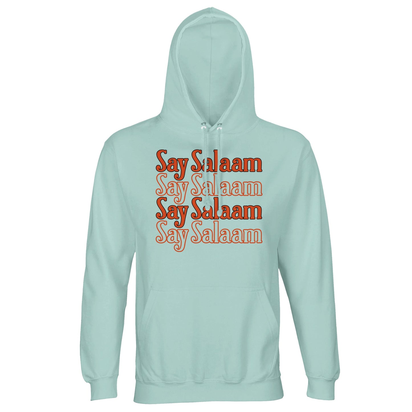 Arctic Blue / Cadet Blue unisex hoodie displaying the Say Salaam 4-Line stacked typographic graphic in bold orange script. The cool icy blue base sharpens the warmth of the lettering, creating striking contrast and clean rectangular symmetry across the chest. Four repeated lines give rhythmic visual layering with retro undertone. Brushed fleece interior and tone-on-tone hood detailing complete a substantial hoodie grounded in confident modest streetwear.