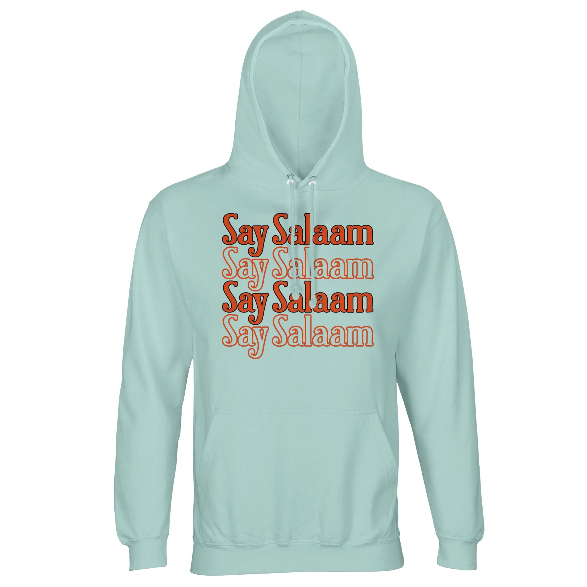 Arctic Blue / Cadet Blue unisex hoodie displaying the Say Salaam 4-Line stacked typographic graphic in bold orange script. The cool icy blue base sharpens the warmth of the lettering, creating striking contrast and clean rectangular symmetry across the chest. Four repeated lines give rhythmic visual layering with retro undertone. Brushed fleece interior and tone-on-tone hood detailing complete a substantial hoodie grounded in confident modest streetwear.