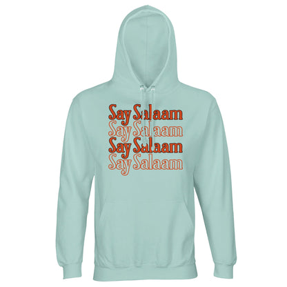 Arctic Blue / Cadet Blue unisex hoodie displaying the Say Salaam 4-Line stacked typographic graphic in bold orange script. The cool icy blue base sharpens the warmth of the lettering, creating striking contrast and clean rectangular symmetry across the chest. Four repeated lines give rhythmic visual layering with retro undertone. Brushed fleece interior and tone-on-tone hood detailing complete a substantial hoodie grounded in confident modest streetwear.