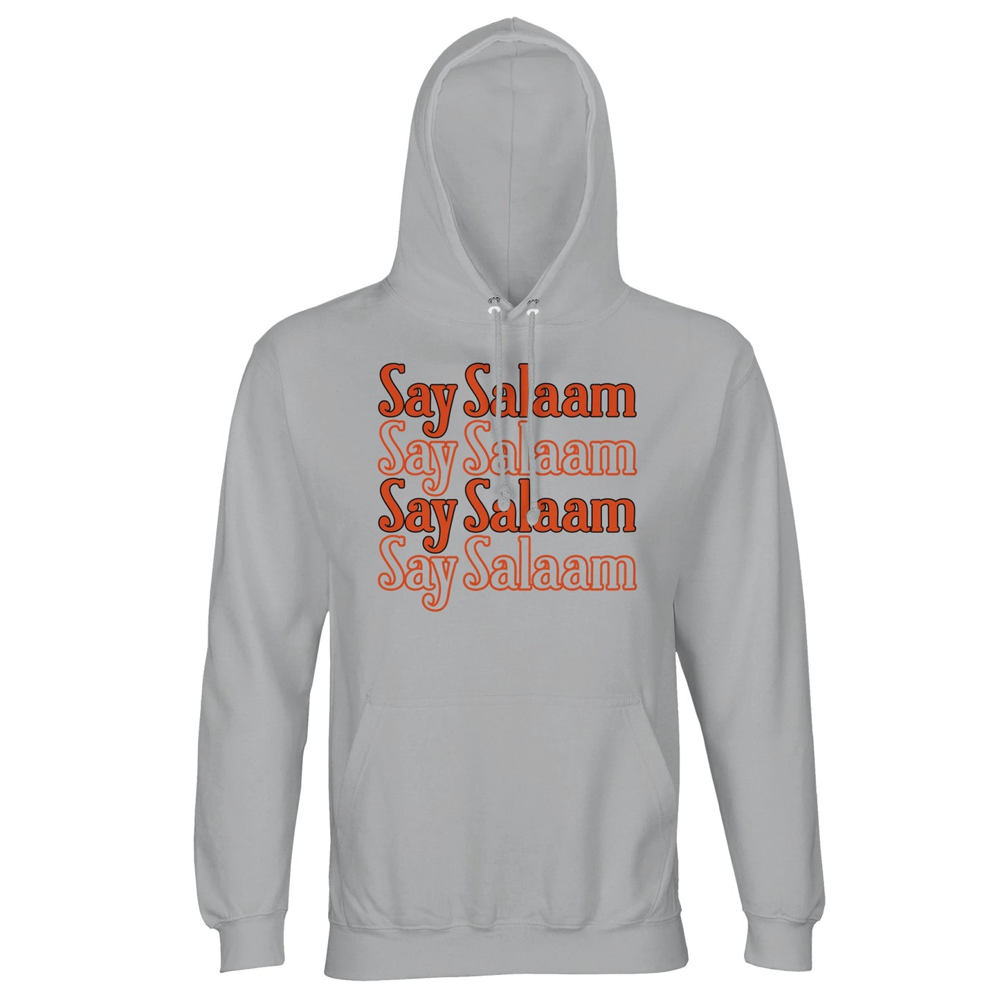 Ash / Silver Chalice unisex hoodie showcasing the Say Salaam 4-Line stacked chest print in rich orange typography. The soft light grey base gives subtle texture, allowing the four-line block graphic to stand out with balanced depth and warmth. Clean vertical alignment and retro tone create understated impact. Finished with brushed fleece lining and lined hood, this hoodie blends classic athletic mood with confident Islamic greeting culture.