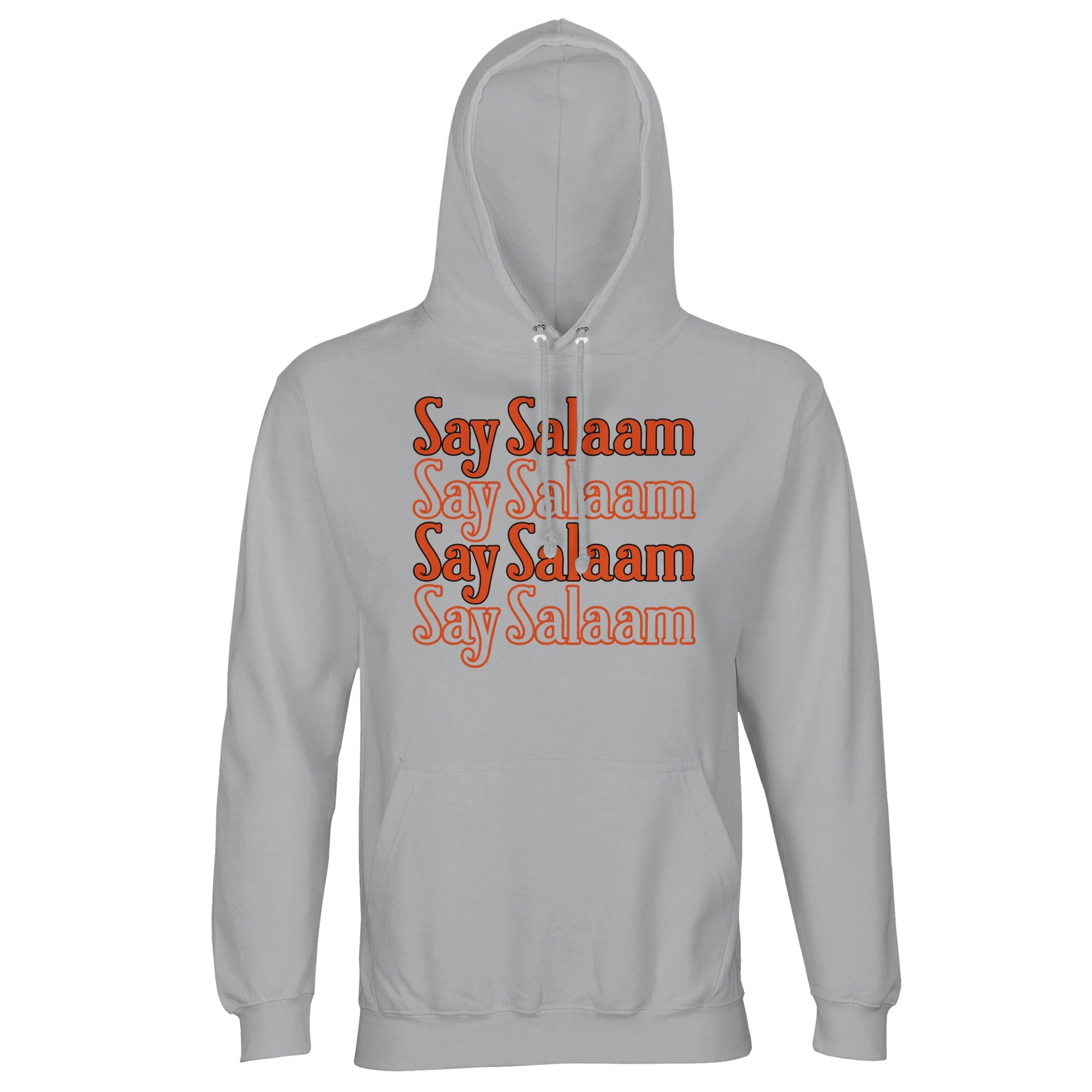 Ash / Silver Chalice unisex hoodie showcasing the Say Salaam 4-Line stacked chest print in rich orange typography. The soft light grey base gives subtle texture, allowing the four-line block graphic to stand out with balanced depth and warmth. Clean vertical alignment and retro tone create understated impact. Finished with brushed fleece lining and lined hood, this hoodie blends classic athletic mood with confident Islamic greeting culture.