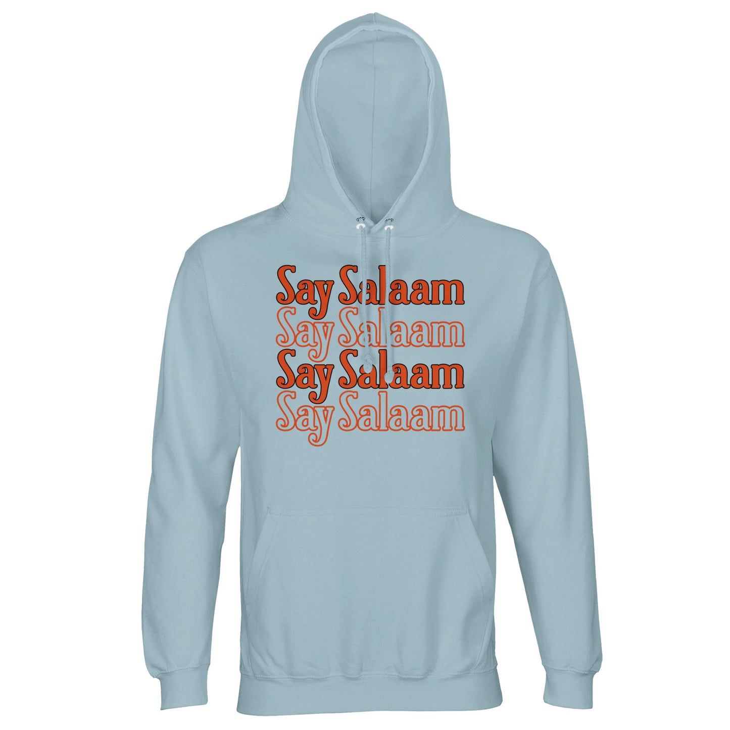 Creamy Blue / Opal unisex hoodie featuring the Say Salaam 4-Line layered chest design in rich burnt orange typography. The soft muted blue-green base creates gentle contrast with the stacked vertical block print, offering calm tone with vintage warmth. Four repeated Salaam lines form a centred typographic statement that feels structured yet relaxed. Brushed fleece comfort and solid construction make this hoodie ideal for daily wear rooted in greeting culture.