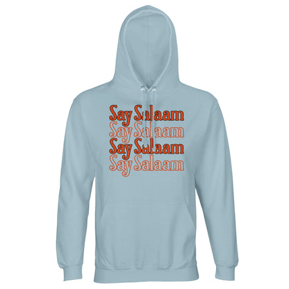 Creamy Blue / Opal unisex hoodie featuring the Say Salaam 4-Line layered chest design in rich burnt orange typography. The soft muted blue-green base creates gentle contrast with the stacked vertical block print, offering calm tone with vintage warmth. Four repeated Salaam lines form a centred typographic statement that feels structured yet relaxed. Brushed fleece comfort and solid construction make this hoodie ideal for daily wear rooted in greeting culture.