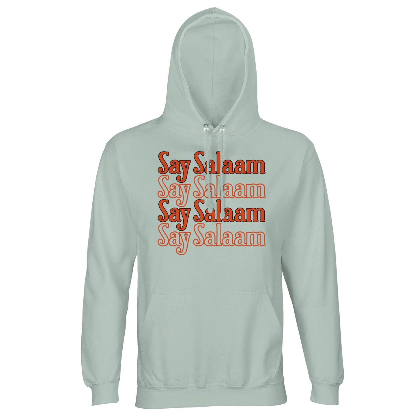 Creamy Green / Greenish Grey unisex hoodie showcasing the Say Salaam 4-Line stacked graphic in warm orange tone. The earthy green-grey base softens the bold lettering, producing balanced contrast and subtle retro sport aesthetic. The repeated four-line layout forms a neat rectangular chest print with clear alignment and confident presence. Comfortable brushed fleece lining supports everyday wear with peaceful Islamic streetwear expression.