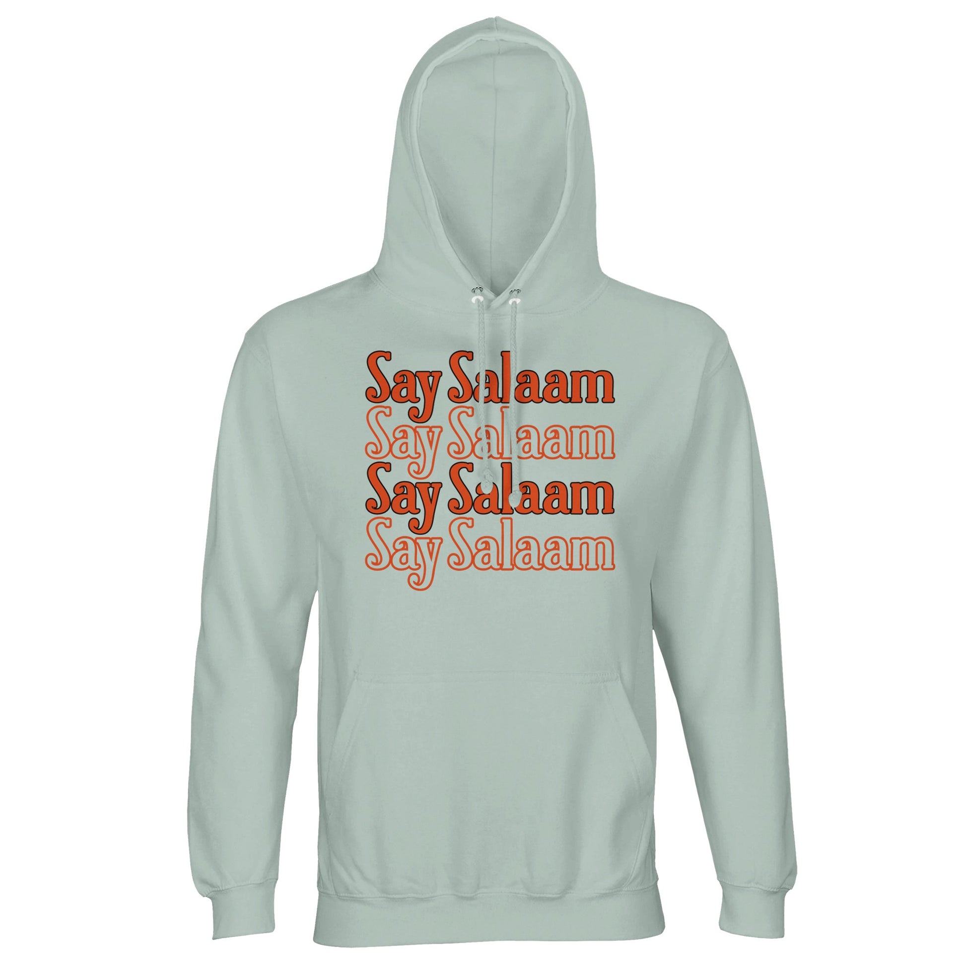 Creamy Green / Greenish Grey unisex hoodie showcasing the Say Salaam 4-Line stacked graphic in warm orange tone. The earthy green-grey base softens the bold lettering, producing balanced contrast and subtle retro sport aesthetic. The repeated four-line layout forms a neat rectangular chest print with clear alignment and confident presence. Comfortable brushed fleece lining supports everyday wear with peaceful Islamic streetwear expression.