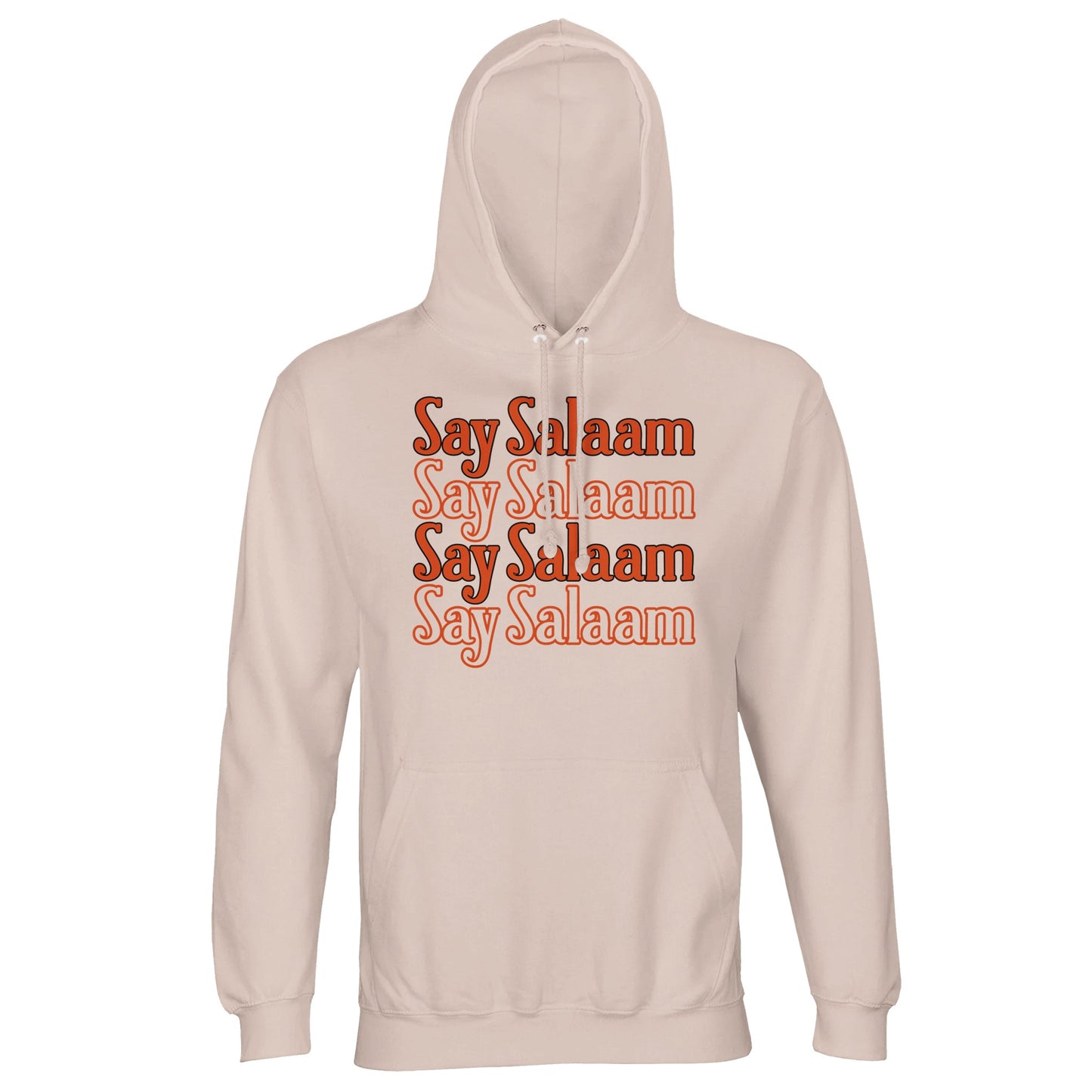 Creamy Pink / Oyster Pink unisex hoodie featuring the Say Salaam 4-Line repeated typographic design in deep orange lettering. The soft blush base harmonises with the warm graphic tone, creating smooth contrast and vintage-inspired layering. Four stacked Salaam lines build structured central focus while maintaining relaxed aesthetic. Brushed fleece interior and durable weight make this hoodie ideal for expressive modest wear across seasons.