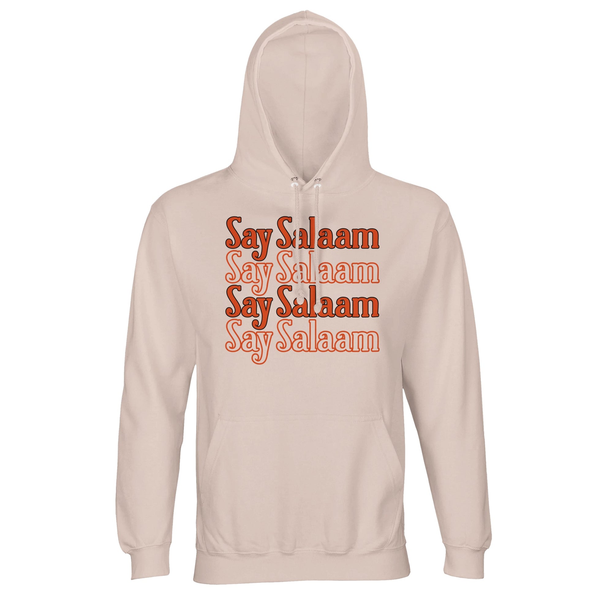 Creamy Pink / Oyster Pink unisex hoodie featuring the Say Salaam 4-Line repeated typographic design in deep orange lettering. The soft blush base harmonises with the warm graphic tone, creating smooth contrast and vintage-inspired layering. Four stacked Salaam lines build structured central focus while maintaining relaxed aesthetic. Brushed fleece interior and durable weight make this hoodie ideal for expressive modest wear across seasons.