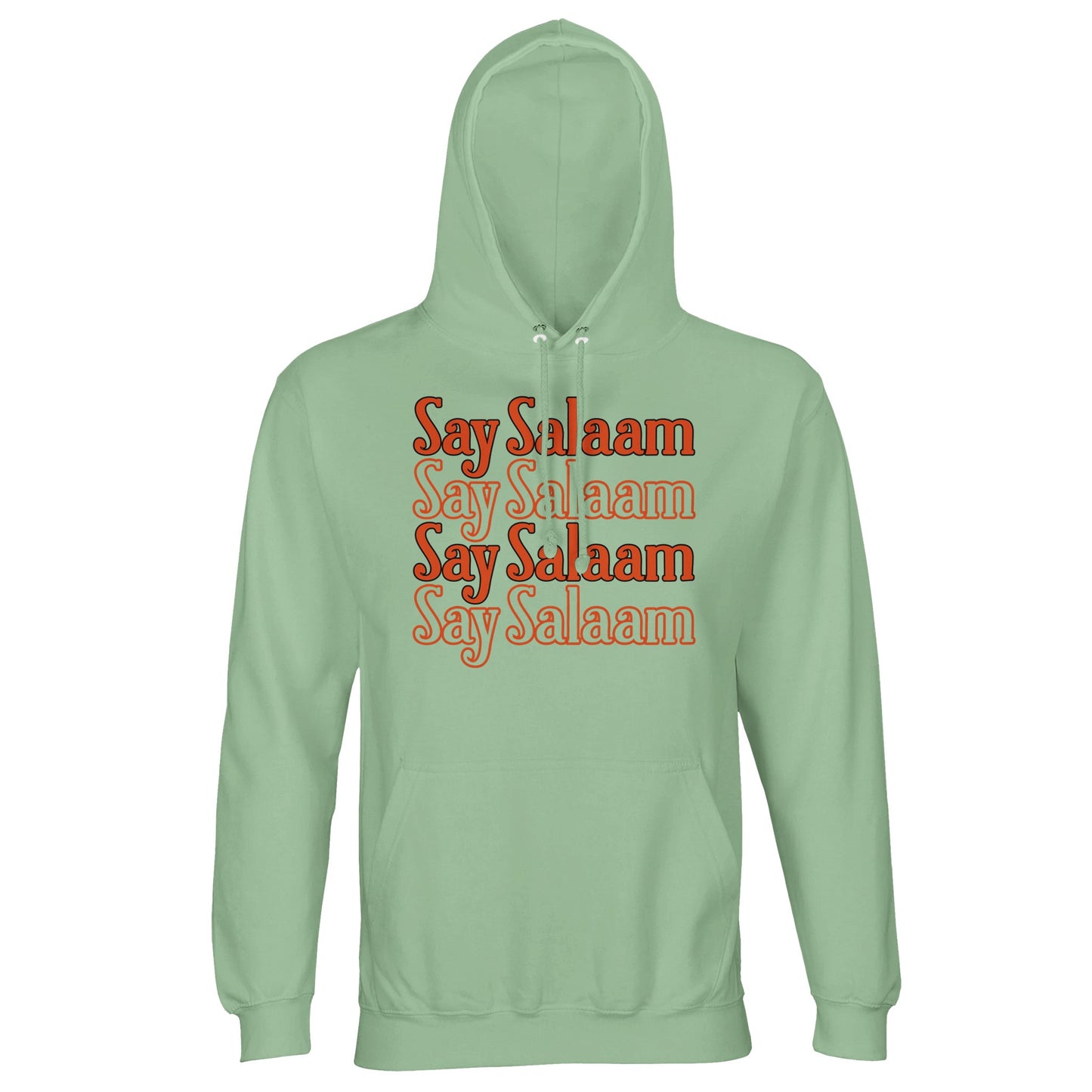 Frozen Green / Sea Green unisex hoodie with Say Salaam 4-Line stacked orange typographic graphic. The cool green base contrasts sharply with the warm lettering, producing vibrant colour interplay and bold rectangular chest composition. Four aligned lines create rhythm and strong vertical symmetry. Brushed fleece lining and substantial fabric weight deliver warmth and durability in a hoodie designed for confident everyday identity.