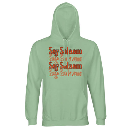 Frozen Green / Sea Green unisex hoodie with Say Salaam 4-Line stacked orange typographic graphic. The cool green base contrasts sharply with the warm lettering, producing vibrant colour interplay and bold rectangular chest composition. Four aligned lines create rhythm and strong vertical symmetry. Brushed fleece lining and substantial fabric weight deliver warmth and durability in a hoodie designed for confident everyday identity.