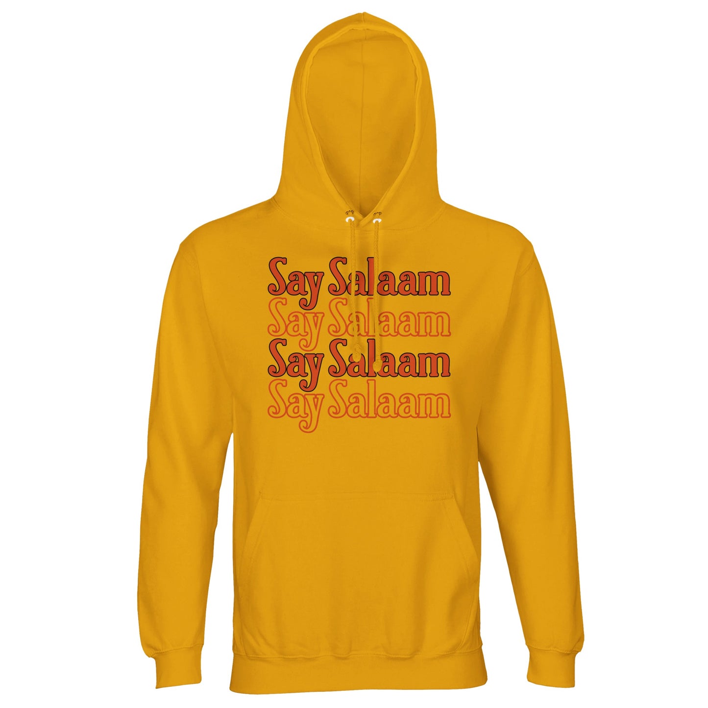 Gold / Gamboge unisex hoodie featuring the Say Salaam 4-Line repeated typographic design in bold burnt orange lettering. The stacked rectangular layout builds strong central structure while the vibrant golden base amplifies warmth and visual energy. Vintage-inspired lettering pairs with sport-influenced colour contrast for standout streetwear presence. Brushed fleece interior and substantial weight give comfort and durability for cooler days and expressive modest styling.