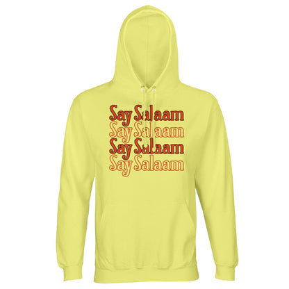 Light Yellow / Lemon Chiffon unisex hoodie with Say Salaam 4-Line stacked chest graphic in deep retro orange tone. The four aligned Salaam lines create a structured vertical block that pops against the soft pastel base. The bright yet gentle yellow background enhances the warmth of the lettering for balanced youthful energy. Brushed fleece lining and structured hood deliver comfort, making this hoodie ideal for relaxed wear with peaceful identity.