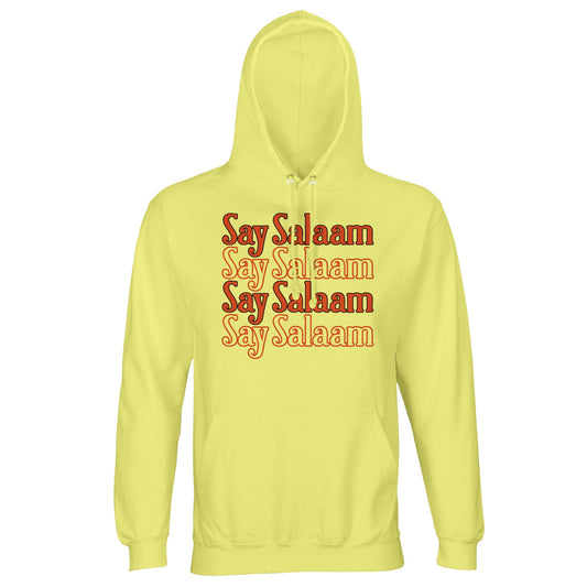 Light Yellow / Lemon Chiffon unisex hoodie with Say Salaam 4-Line stacked chest graphic in deep retro orange tone. The four aligned Salaam lines create a structured vertical block that pops against the soft pastel base. The bright yet gentle yellow background enhances the warmth of the lettering for balanced youthful energy. Brushed fleece lining and structured hood deliver comfort, making this hoodie ideal for relaxed wear with peaceful identity.