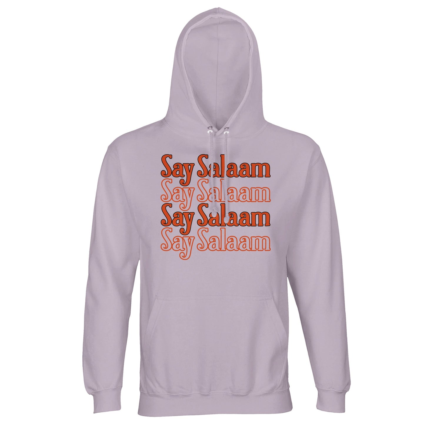 Lilak / Lilac / Wisteria Purple unisex hoodie showcasing the Say Salaam 4-Line stacked chest print in warm retro orange script. The soft purple base enriches the contrast, allowing the four-line typographic block to feel expressive yet balanced. Clean alignment and layered repetition create visual depth with vintage character. Brushed fleece interior and lined hood complete a hoodie rooted in modest comfort and peaceful greeting culture.