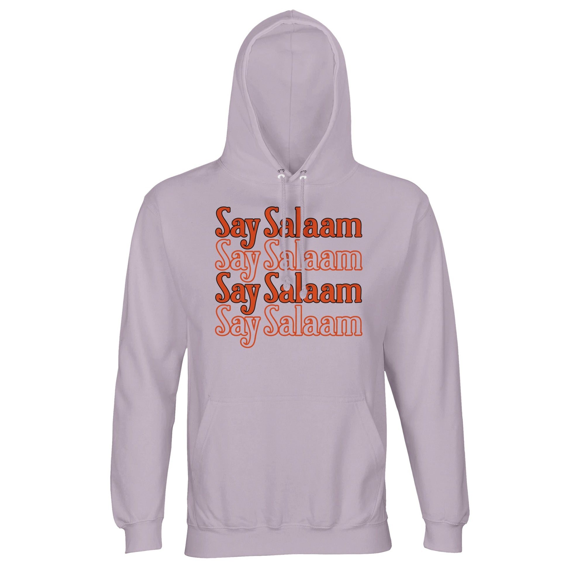 Lilak / Lilac / Wisteria Purple unisex hoodie showcasing the Say Salaam 4-Line stacked chest print in warm retro orange script. The soft purple base enriches the contrast, allowing the four-line typographic block to feel expressive yet balanced. Clean alignment and layered repetition create visual depth with vintage character. Brushed fleece interior and lined hood complete a hoodie rooted in modest comfort and peaceful greeting culture.