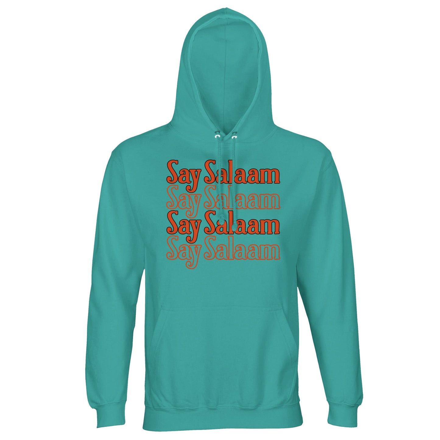 Pool Blue / Light Sea Green unisex hoodie featuring the Say Salaam 4-Line stacked typographic design in bold burnt orange tone. The cool aqua base intensifies the warmth of the lettering, creating high-contrast rectangular symmetry across the chest. Four repeated Salaam lines form rhythmic vertical structure with strong streetwear presence. Brushed fleece lining and substantial feel make this hoodie ideal for expressive modest layering.
