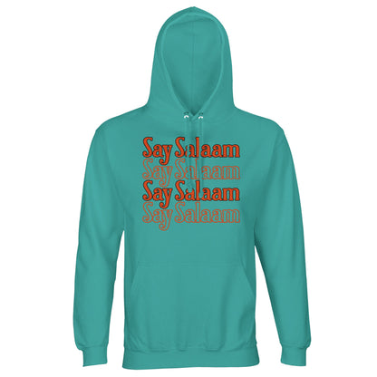Pool Blue / Light Sea Green unisex hoodie featuring the Say Salaam 4-Line stacked typographic design in bold burnt orange tone. The cool aqua base intensifies the warmth of the lettering, creating high-contrast rectangular symmetry across the chest. Four repeated Salaam lines form rhythmic vertical structure with strong streetwear presence. Brushed fleece lining and substantial feel make this hoodie ideal for expressive modest layering.