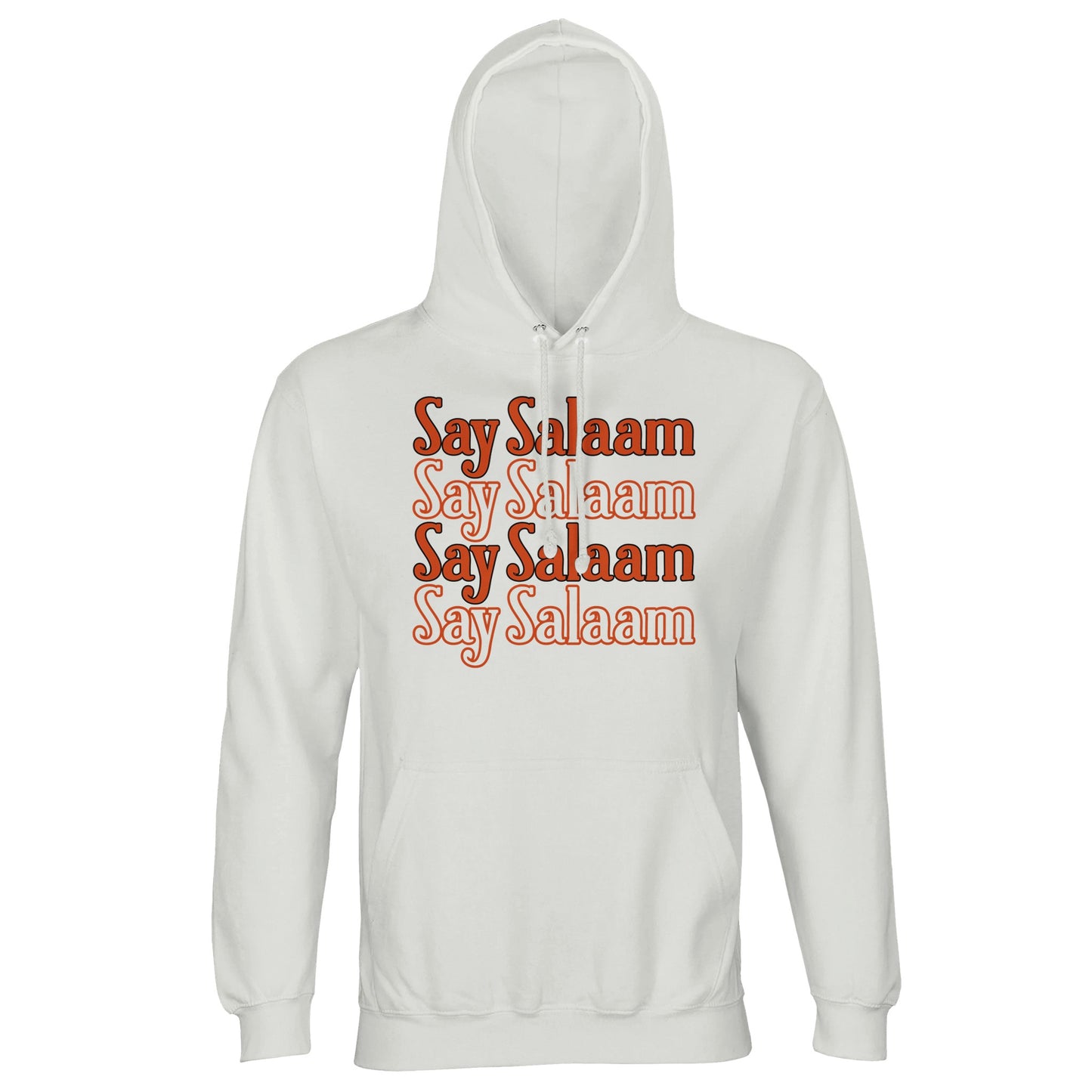 White / Platinum unisex hoodie featuring the Say Salaam 4-Line stacked typographic graphic in a warm retro burnt orange tone. Four repeated Salaam lines form a bold vertical block across the chest, creating symmetry, rhythm and confident central focus. The rounded lettering contrasts crisply against the clean white base, delivering vintage sport energy with modern modest streetwear appeal. Brushed fleece interior and structured hood complete a hoodie designed for everyday comfort, faith identity and peace.