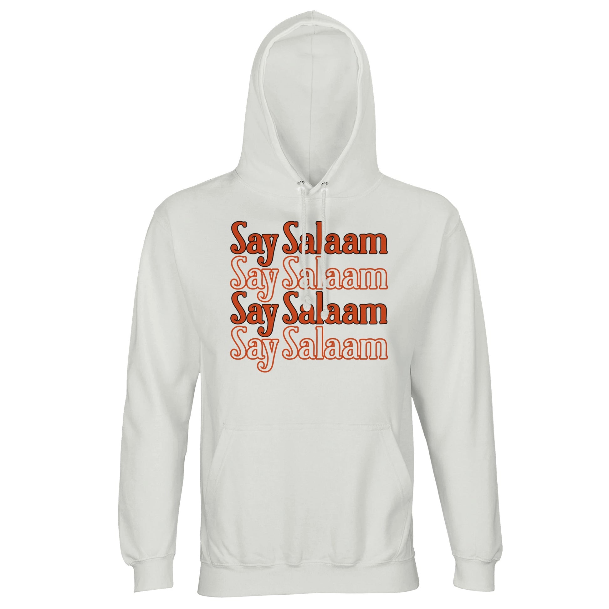 White / Platinum unisex hoodie featuring the Say Salaam 4-Line stacked typographic graphic in a warm retro burnt orange tone. Four repeated Salaam lines form a bold vertical block across the chest, creating symmetry, rhythm and confident central focus. The rounded lettering contrasts crisply against the clean white base, delivering vintage sport energy with modern modest streetwear appeal. Brushed fleece interior and structured hood complete a hoodie designed for everyday comfort, faith identity and peace.