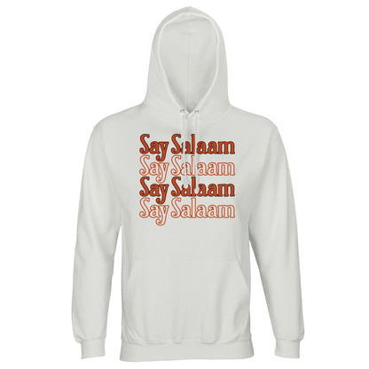 White / Platinum unisex hoodie featuring the Say Salaam 4-Line stacked typographic graphic in a warm retro burnt orange tone. Four repeated Salaam lines form a bold vertical block across the chest, creating symmetry, rhythm and confident central focus. The rounded lettering contrasts crisply against the clean white base, delivering vintage sport energy with modern modest streetwear appeal. Brushed fleece interior and structured hood complete a hoodie designed for everyday comfort, faith identity and peace.