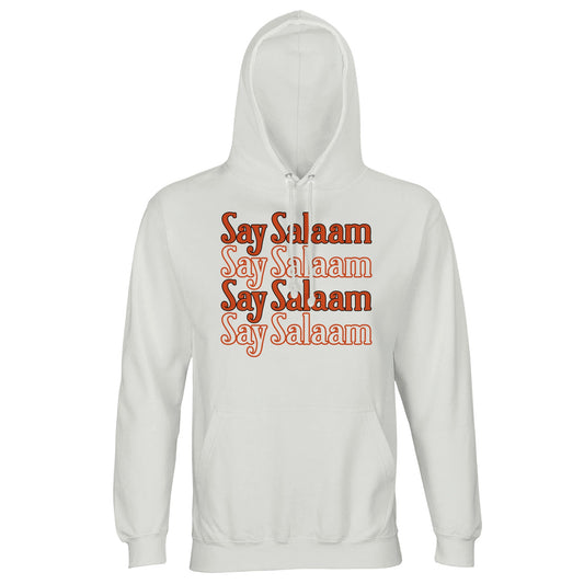 White / Platinum unisex hoodie featuring the Say Salaam 4-Line stacked typographic graphic in a warm retro burnt orange tone. Four repeated Salaam lines form a bold vertical block across the chest, creating symmetry, rhythm and confident central focus. The rounded lettering contrasts crisply against the clean white base, delivering vintage sport energy with modern modest streetwear appeal. Brushed fleece interior and structured hood complete a hoodie designed for everyday comfort, faith identity and peace.