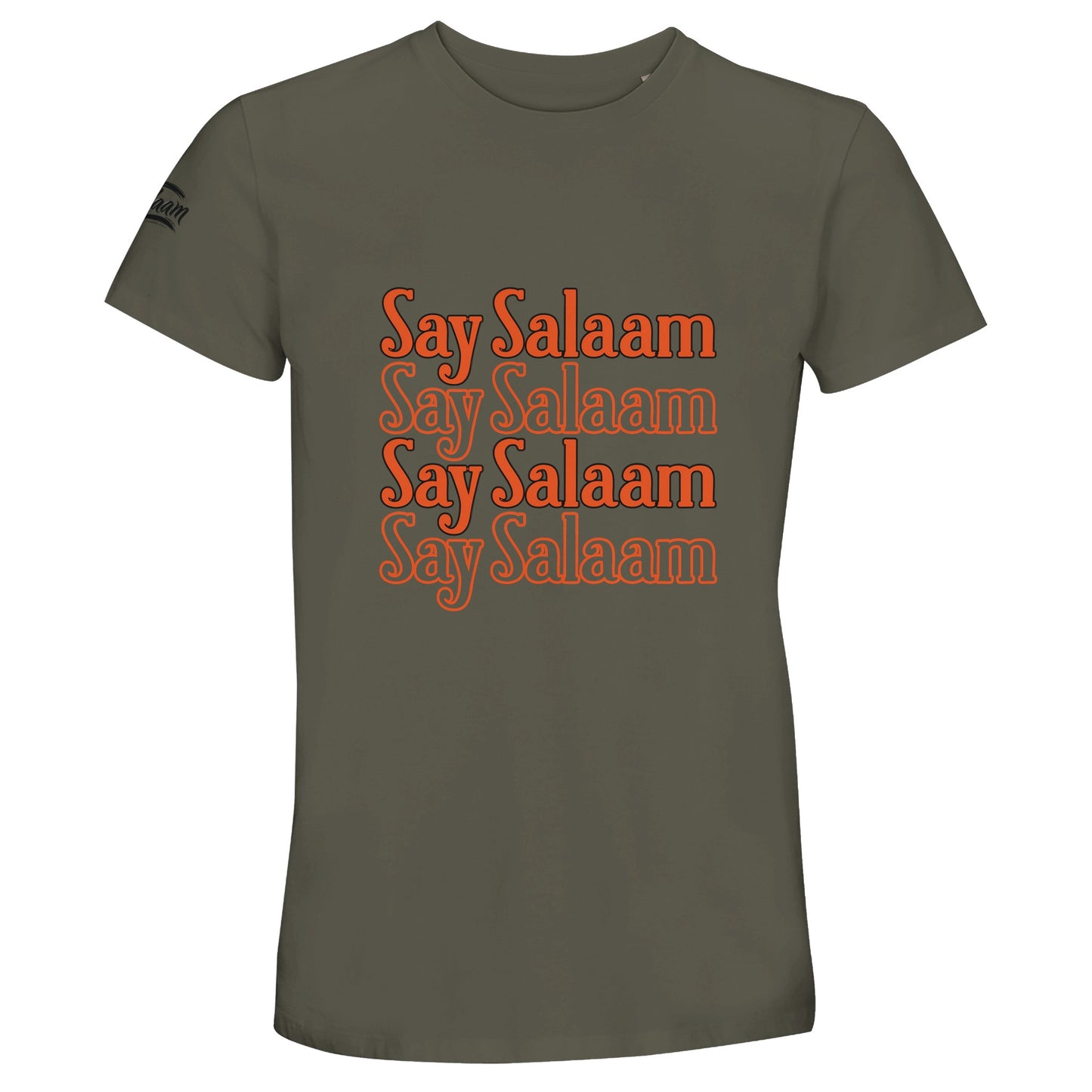 Army / Fuscous Grey unisex cotton T-shirt featuring the Say Salaam 4-Line layered typographic design in deep orange script. The earthy green base grounds the warm lettering while the stacked four-line format forms a neat rectangular chest graphic with clean symmetry. Subtle military tone meets faith-led streetwear aesthetic. A modest Islamic clothing staple ideal for casual wear, football sessions and everyday Muslim fashion expression for a good, cheap price.