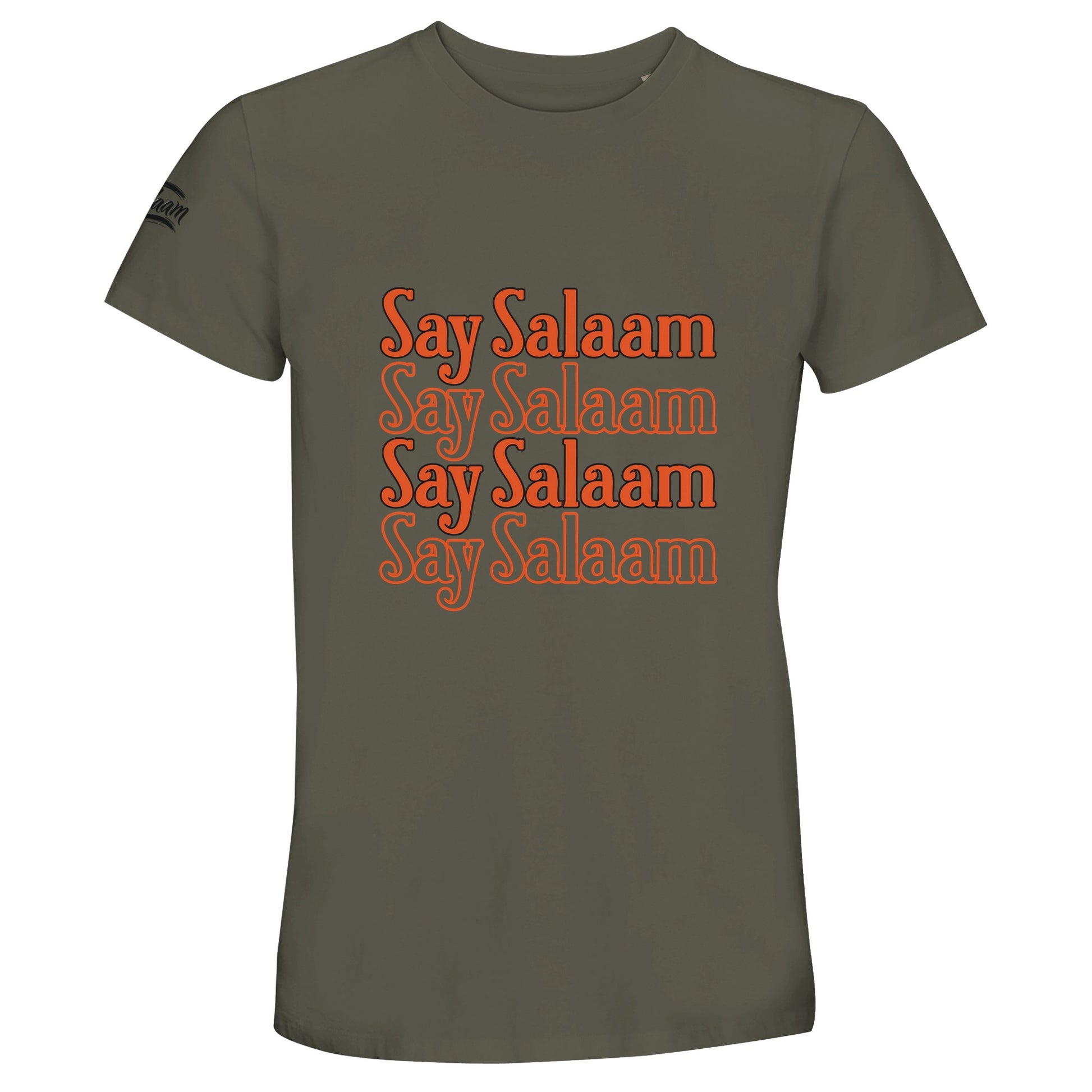 Army / Fuscous Grey unisex cotton T-shirt featuring the Say Salaam 4-Line layered typographic design in deep orange script. The earthy green base grounds the warm lettering while the stacked four-line format forms a neat rectangular chest graphic with clean symmetry. Subtle military tone meets faith-led streetwear aesthetic. A modest Islamic clothing staple ideal for casual wear, football sessions and everyday Muslim fashion expression for a good, cheap price.