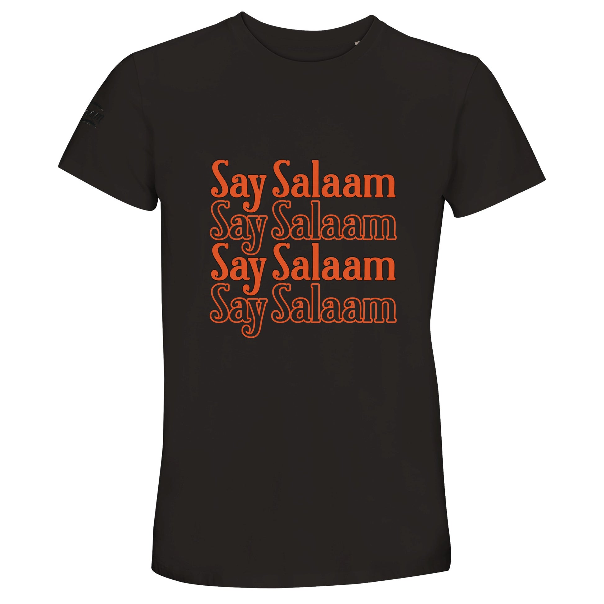 Deep Black / Zeus unisex cotton T-shirt showcasing the Say Salaam 4-Line stacked chest graphic in rich orange typography. The four-line repetition forms a structured rectangular print with bold contrast against the dark base. Warm vintage lettering glows with strong streetwear presence while maintaining modest styling. A versatile Islamic clothing staple, this short-sleeve crew neck tee suits everyday wear, community gatherings and faith-led fashion rooted in positive greeting culture.