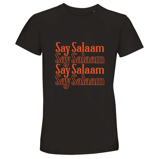 Deep Black / Zeus unisex cotton T-shirt showcasing the Say Salaam 4-Line stacked chest graphic in rich orange typography. The four-line repetition forms a structured rectangular print with bold contrast against the dark base. Warm vintage lettering glows with strong streetwear presence while maintaining modest styling. A versatile Islamic clothing staple, this short-sleeve crew neck tee suits everyday wear, community gatherings and faith-led fashion rooted in positive greeting culture.