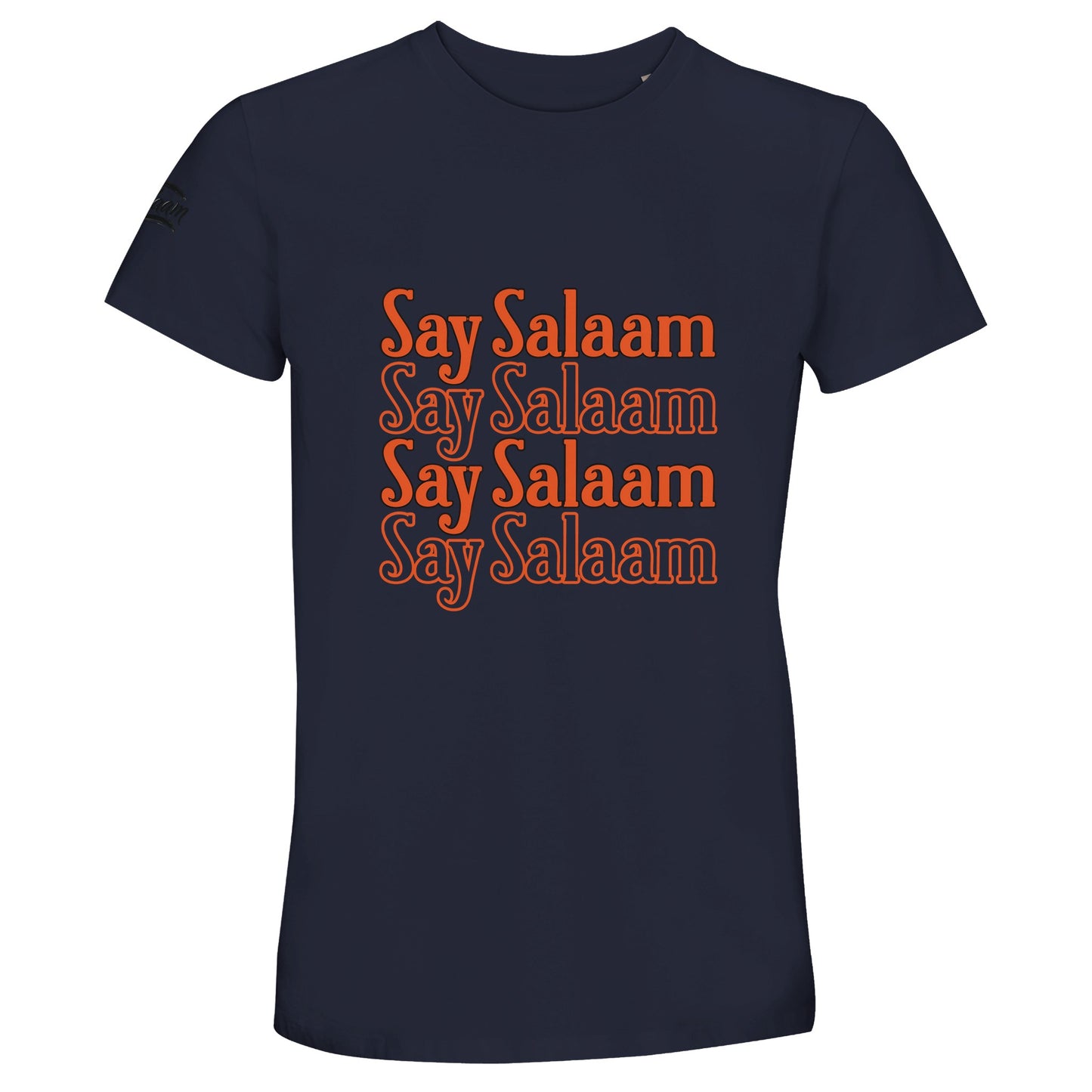 French Navy / Ebony Clay unisex cotton T-shirt featuring the Say Salaam 4-Line layered typographic design in warm retro orange tone. Four stacked Salaam lines create balanced vertical alignment and strong central framing. The deep navy base enhances colour contrast while delivering classic sport-inspired aesthetic. Crafted for modest Muslim streetwear, this crew neck tee blends Islamic expression, faith-based identity and everyday casual comfort.