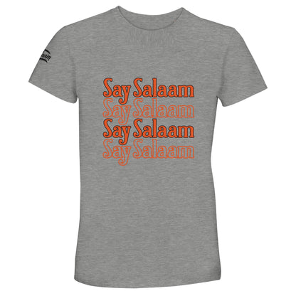 Grey Melange / Heather Grey unisex cotton T-shirt displaying the Say Salaam 4-Line stacked graphic in bold burnt orange script. The subtle marl texture softens the vibrant lettering while the four-line vertical layout builds symmetry and structured chest focus. Balanced contrast gives vintage athletic tone with contemporary modest fashion appeal. Ideal Islamic streetwear tee for daily wear, community events and positive greeting culture expression.