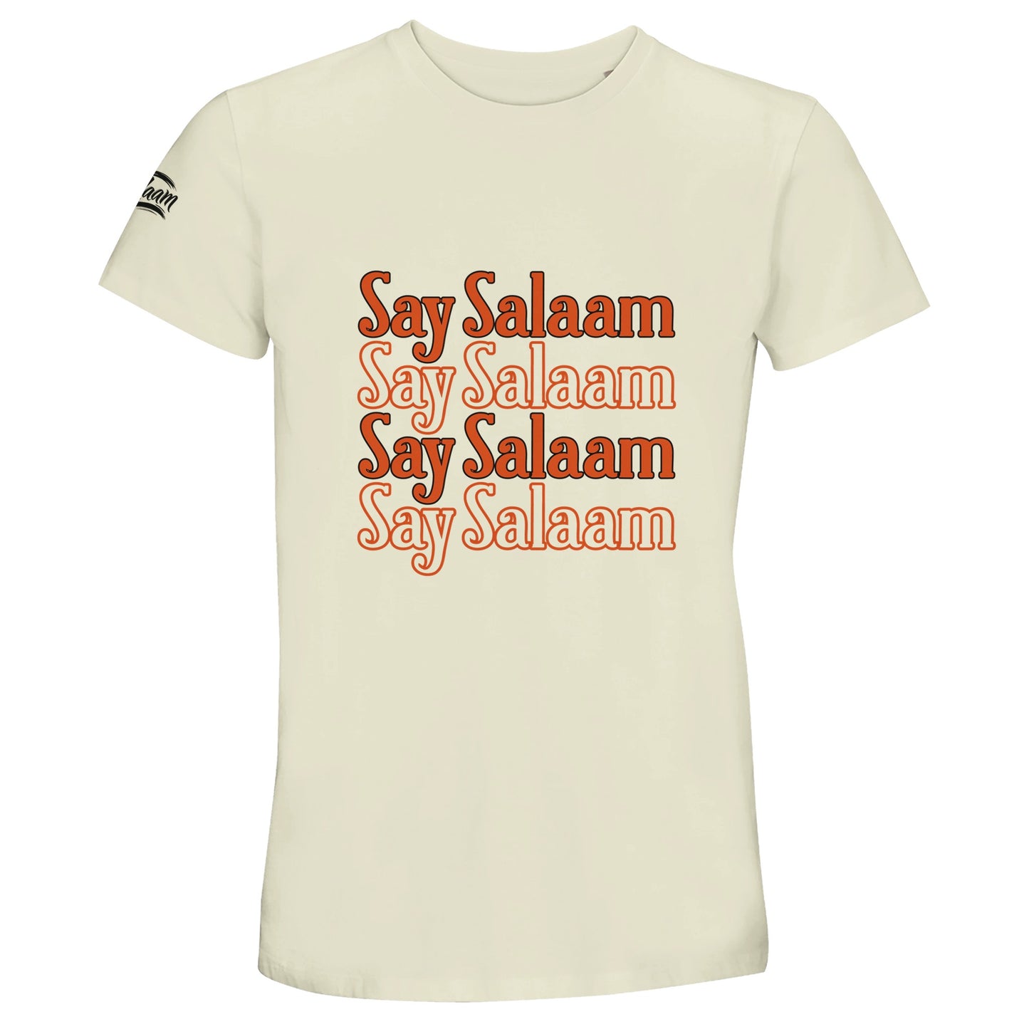 Natural / Moon Mist unisex cotton T-shirt featuring the Say Salaam 4-Line repeated typographic design in warm orange lettering. The soft neutral base complements the retro script while the stacked four-line layout forms a centred rectangular graphic with clean alignment. Understated yet expressive, this modest Islamic T-shirt blends faith-based apparel with relaxed streetwear energy. Perfect for everyday Muslim fashion, youth events and confident identity wear.