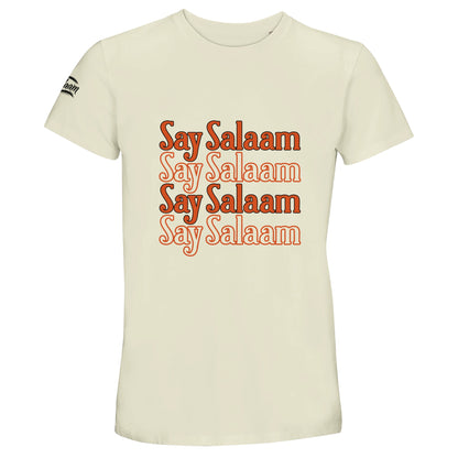 Natural / Moon Mist unisex cotton T-shirt featuring the Say Salaam 4-Line repeated typographic design in warm orange lettering. The soft neutral base complements the retro script while the stacked four-line layout forms a centred rectangular graphic with clean alignment. Understated yet expressive, this modest Islamic T-shirt blends faith-based apparel with relaxed streetwear energy. Perfect for everyday Muslim fashion, youth events and confident identity wear.