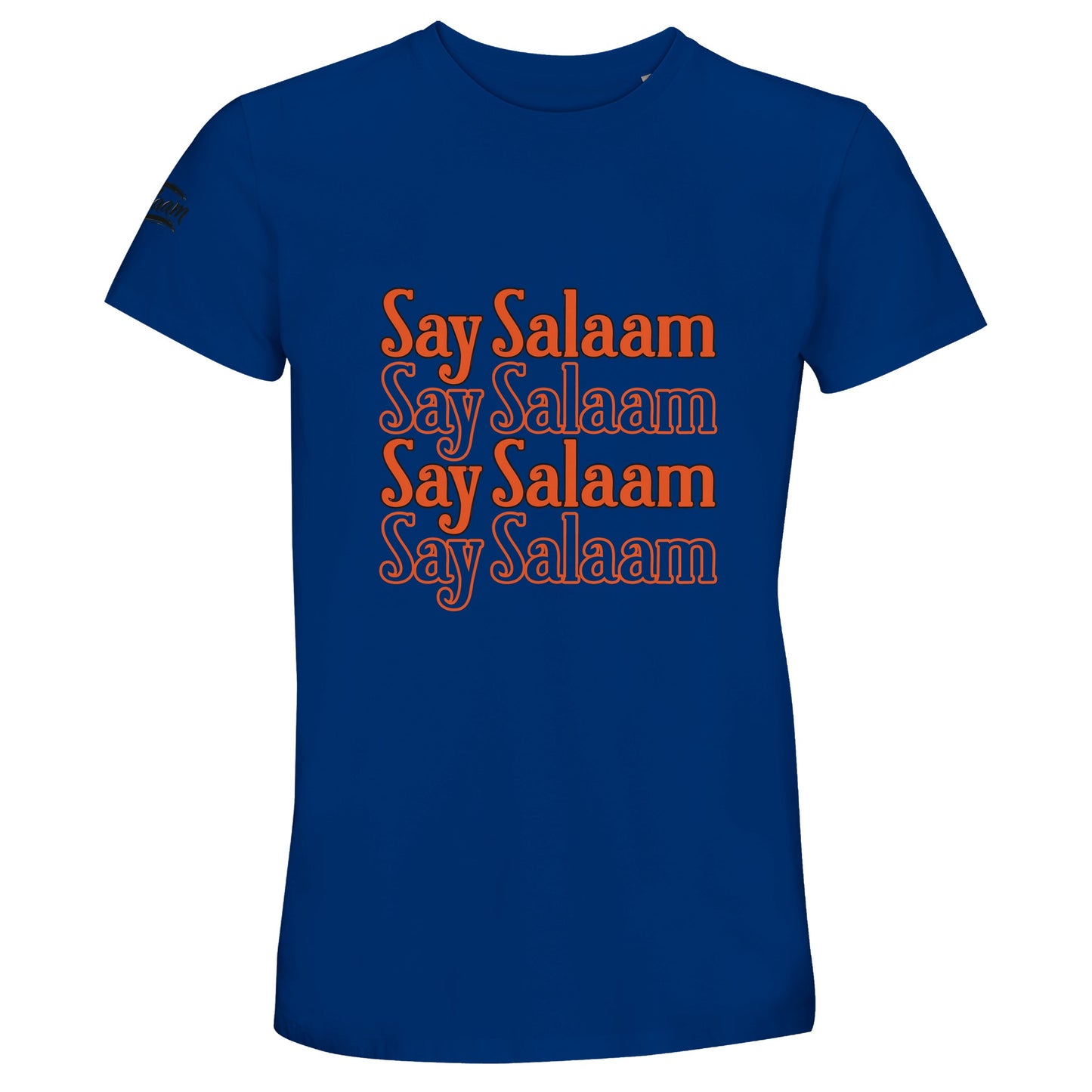 Royal Blue / Dark Midnight Blue unisex cotton T-shirt showcasing the Say Salaam 4-Line stacked chest print in strong burnt orange tone. The bold blue base intensifies the warmth of the lettering, producing vibrant high-contrast symmetry. Four repeated Salaam lines create rhythmic vertical balance and confident central structure. Designed as modern Muslim streetwear, this crew neck tee merges Islamic identity, modest fashion and sport-inspired everyday style.
