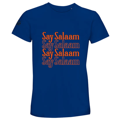 Royal Blue / Dark Midnight Blue unisex cotton T-shirt showcasing the Say Salaam 4-Line stacked chest print in strong burnt orange tone. The bold blue base intensifies the warmth of the lettering, producing vibrant high-contrast symmetry. Four repeated Salaam lines create rhythmic vertical balance and confident central structure. Designed as modern Muslim streetwear, this crew neck tee merges Islamic identity, modest fashion and sport-inspired everyday style.