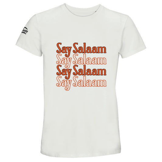 White / Platinum unisex cotton T-shirt featuring the Say Salaam 4-Line stacked typographic graphic in bold burnt orange lettering. Four repeated Salaam lines form a centred vertical block design, creating rhythmic symmetry and confident chest focus. The crisp white base sharpens the warmth of the retro script for clean high-contrast impact. Designed as modest Muslim streetwear, this short-sleeve crew neck tee blends Islamic identity, faith fashion and everyday comfort for mosque visits and casual wear.