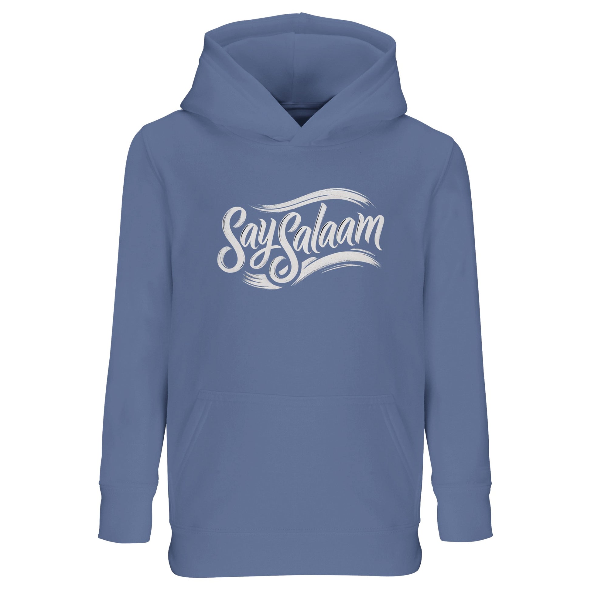 Say Salaam Classic Part-Recycled Cotton-Poly Kids Hoodie in Arctic Blue / Cadet Blue. Kids hoodie in soft blue tone featuring the white Say Salaam script logo across the chest. Muslim-friendly streetwear staple designed for boys and girls who carry peace with confidence. Clean classic illustration style with flowing script slogan, inspired by modest fashion and everyday youth culture. Perfect for school, masjid, match days and casual wear.