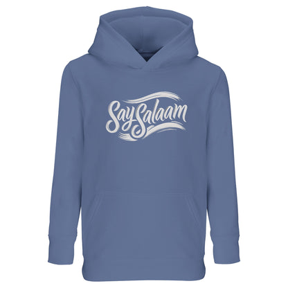 Say Salaam Classic Part-Recycled Cotton-Poly Kids Hoodie in Arctic Blue / Cadet Blue. Kids hoodie in soft blue tone featuring the white Say Salaam script logo across the chest. Muslim-friendly streetwear staple designed for boys and girls who carry peace with confidence. Clean classic illustration style with flowing script slogan, inspired by modest fashion and everyday youth culture. Perfect for school, masjid, match days and casual wear.