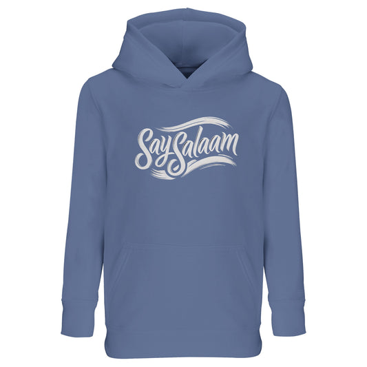 Say Salaam Classic Part-Recycled Cotton-Poly Kids Hoodie in Arctic Blue / Cadet Blue. Kids hoodie in soft blue tone featuring the white Say Salaam script logo across the chest. Muslim-friendly streetwear staple designed for boys and girls who carry peace with confidence. Clean classic illustration style with flowing script slogan, inspired by modest fashion and everyday youth culture. Perfect for school, masjid, match days and casual wear.