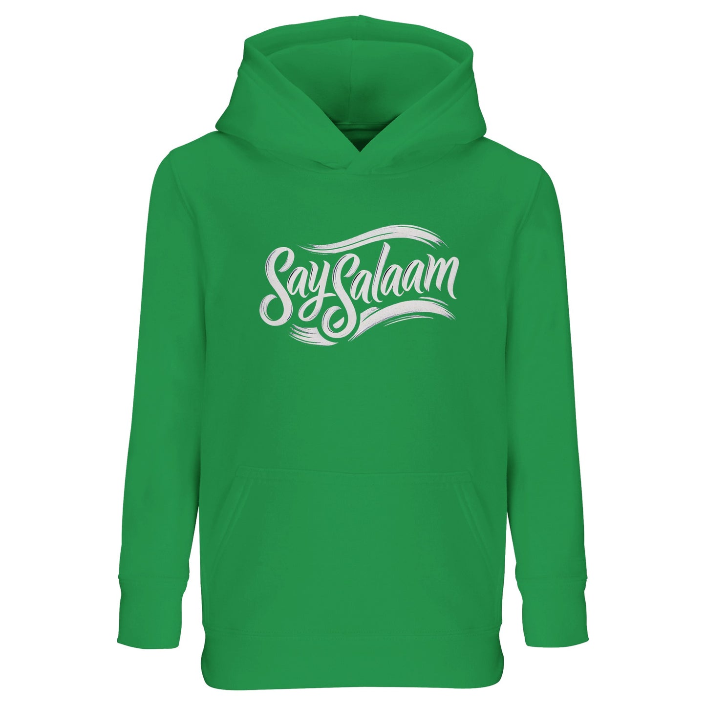 Say Salaam Classic Part-Recycled Cotton-Poly Kids Hoodie in Bottle Green / Outer Space. Deep green hoodie with white Say Salaam script logo, blending understated tone with bold peaceful messaging. Muslim-friendly kids streetwear with a subtle vintage edge, reminiscent of classic club megastore drops. Soft fleece lining and relaxed fit make it practical for daily wear.